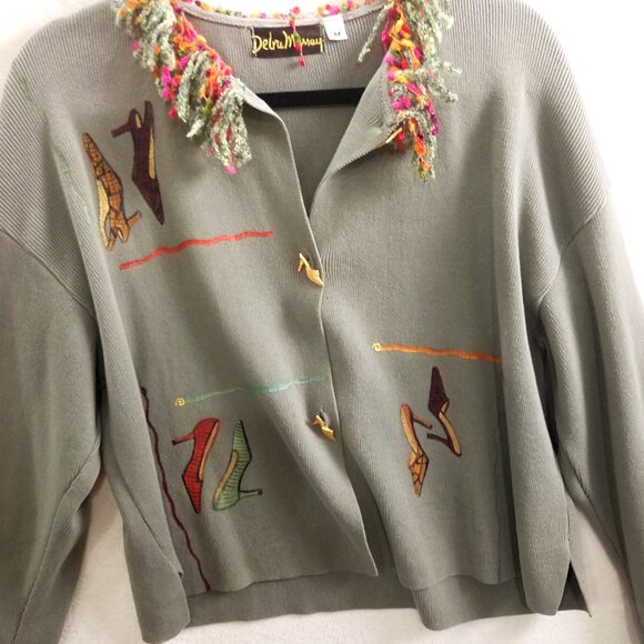 Debra Murray W M Vtg olive Wearable Art Hand Painted Shoe-Print Knit Cardigan - Picture 9 of 16